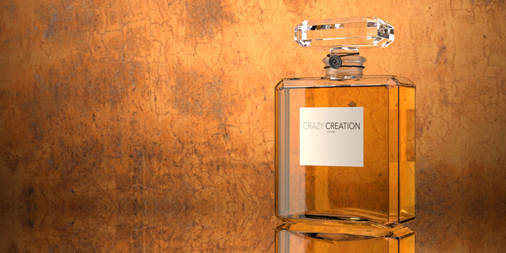 Virtuell umgesetzt Parfum Flacko in 3-D von uns erstellt. Ein quaderförmiger Corpus mit Facetten. Der Stöpsel rechteckiger Verschluss mit Facetten.