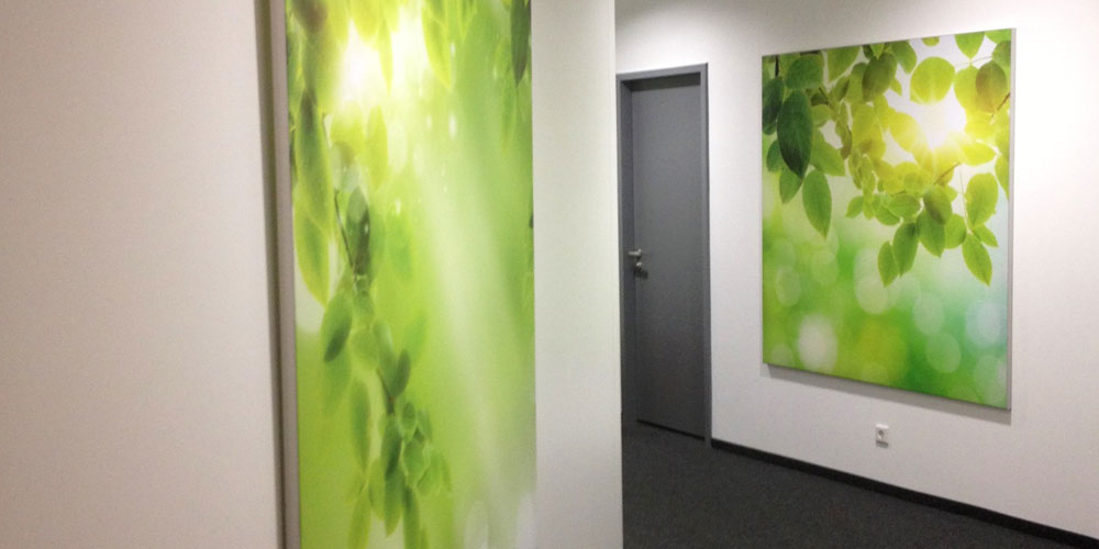 Gestaltung einer Bürofläche mit großformatige digital drucken. Abgebildet sind Blätter durch den die Sonne strahlt.