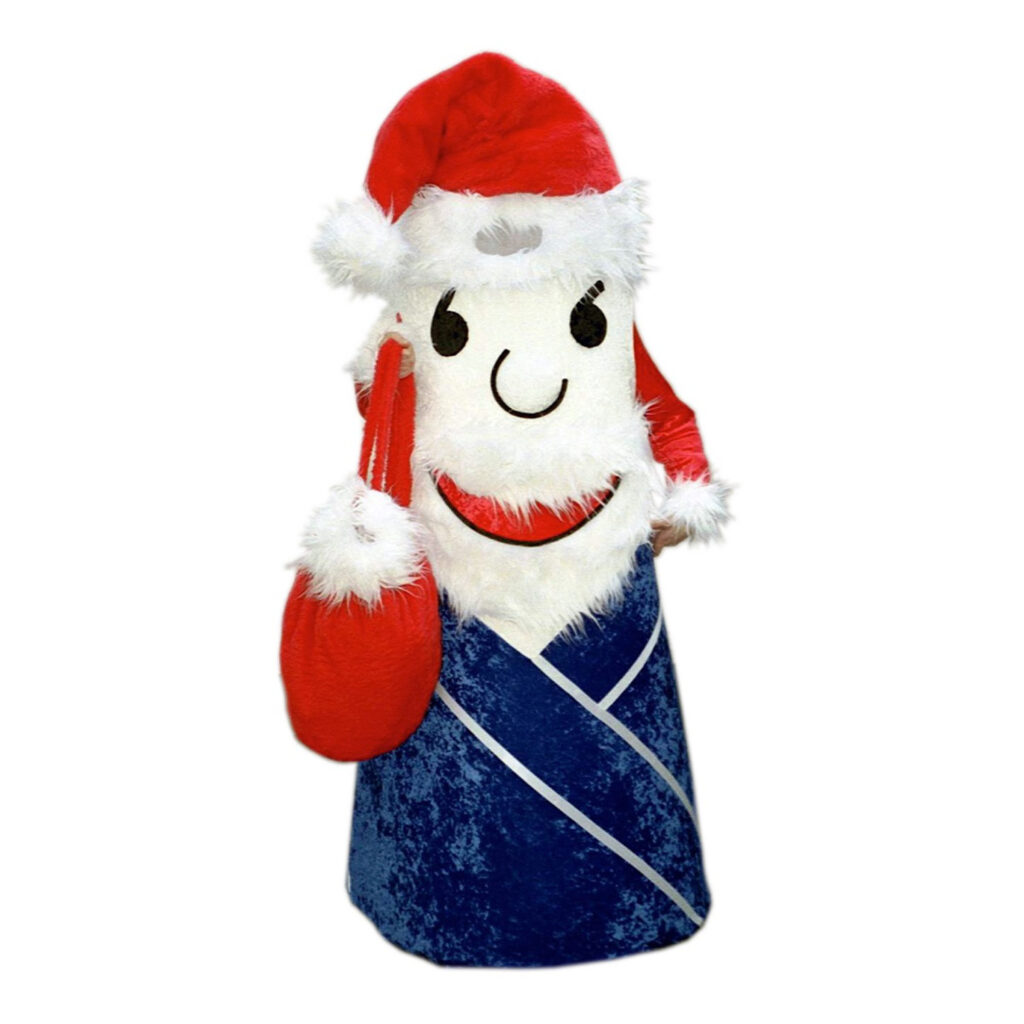 Maskottchen zuckerhut. Trägt rote Arme und eine Weihnachtsmütze. Dazu ein passenden roten Rucksack.