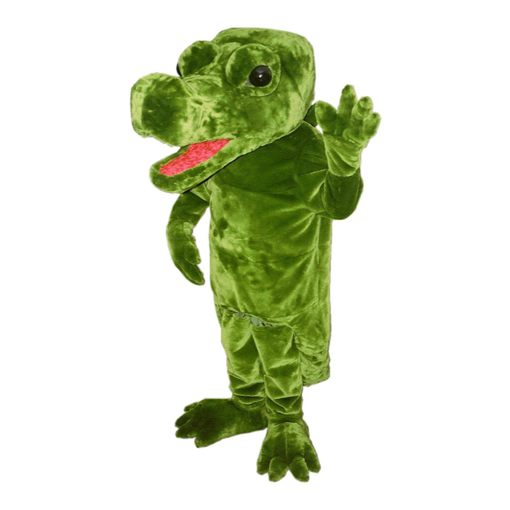 Maskottchen Produktion für Lacoste. Krokodil aus moosgrünen Kunstfell.