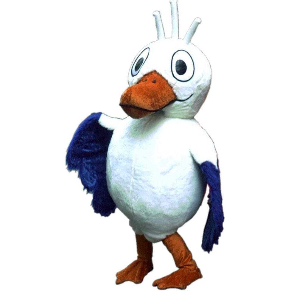 Maskottchen "Picky" für Mövenpick. Eine Dickbäuchemöwe in weiß und blau.