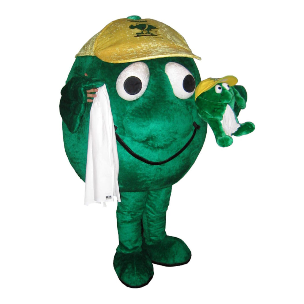 Maskottchen Produktion für GeloMyrtol der Firma G. Pohl-Boskamp GmbH & Co. KG. Großes grünes Männchen mit großer Nase und einem weißen Taschentuch. Es trägt eine gelbe Schirmmütze.