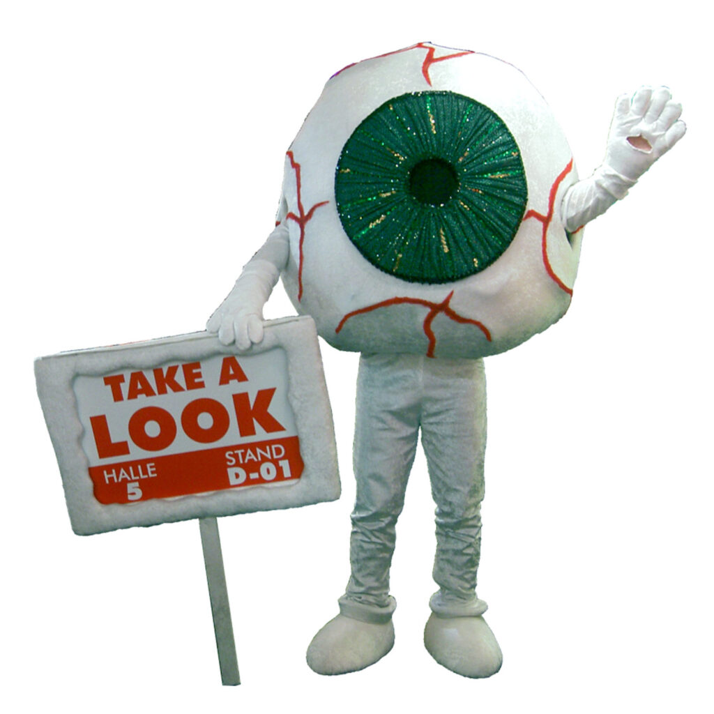 Promotionkostüm für Spielwarenmesse, Auge mit Schild "Take a look"