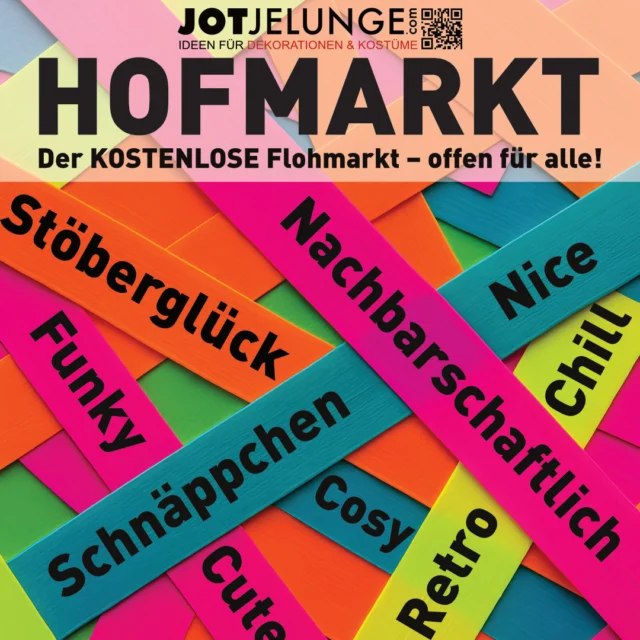 Hofmarkt - Flohmarkt für jeden
Hofflohmarkt – Gemeinsam stöbern, lachen und genießen!

Der letzte Termin in diesem Jahr. Wer noch ganz spontan dazukommen mag, kann das gerne tun. Nur kurze E-Mail an info@jotjelunge.de.
Und bitte gerne weitersagen und auf verschiedene Netzwerke teilen.
Termine:
11.10.2025
Jeweils von 10:00 bis 18:00 Uhr

Ab Juni laden wir einmal im Monat herzlich zu unserem kostenfreien Hofflohmarkt ein! Bis einschließlich Oktober verwandelt sich unser Hof in einen bunten Treffpunkt für alle aus der Nachbarschaft und Umgebung. Ob als Ausstellerin oder Besucherin – bei uns ist jede*r willkommen!

Was macht unseren Flohmarkt besonders?
Hier geht es nicht nur ums Kaufen und Verkaufen, sondern vor allem um Freundschaft, nachbarschaftliches Miteinander und die Freude am gemeinsamen Entdecken. Es darf gestöbert, geschnackt, getauscht und gelacht werden – ganz ohne Standgebühr!

Mitmachen lohnt sich:
Bring deine schönen Dinge, Schätze aus dem Keller oder kreative Fundstücke mit und teile sie mit anderen. Vielleicht findest du selbst ein Lieblingsstück oder ein echtes Schnäppchen – ganz nebenbei entstehen nette Gespräche und neue Kontakte.

Kurz gesagt:
Einfach mitmachen, einen schönen Tag im Hof verbringen und die Gemeinschaft genießen – wir freuen uns auf euch!

Termin:
11.10.2025
Jeweils von 10:00 bis 18:00 Uhr

#flohmart #köln #schnäppchen #nachbarschaft #nachhaltig #tollertag #freunde